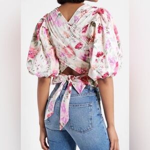 New Express Floral Puff Sleeve Wrap Top Blouse Women’s Medium Cottagecore Chic